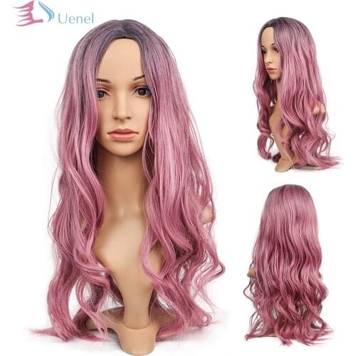 Uenel High Temperature Fiber European and American Synthetic Hair Extensions for Women Pink Long Curl Cover 28Inch Free Shipping
