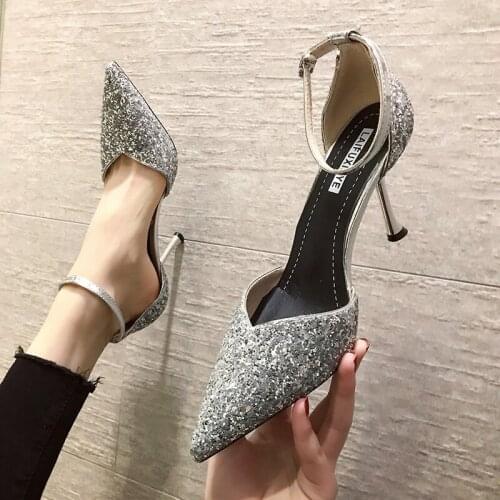 Zapatos tacon mujer Fashion Pointed Bling Ankle Buckle Stiletto Casual Pumps Sandals Concise Elegant High-heeled Shoes U28-07