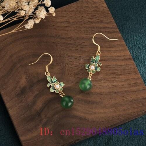 Green Jade Bead Earrings Natural Chalcedony Amulet Jewelry 925 Silver Gemstone Gifts Fashion Crystal Zircon Women