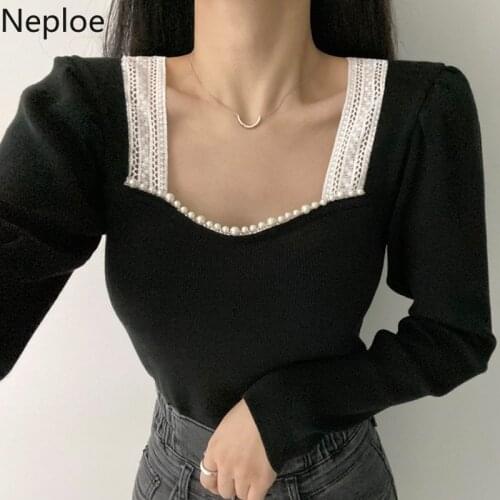 Neploe Korean Chic Woman Tshirts Temperament Elegant Knitted Shirts Square Collar Beading Lace Patchwork Tees Black Tops Female