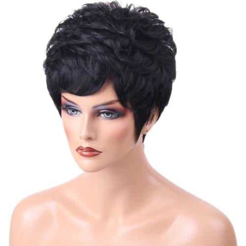Ladies Short Curly 100% Real Human Hair Wigs with Cap Black RESISTANT