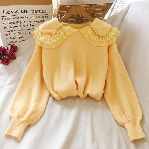 Autumn Winter Korean Peter Pan Collar Women Jumper Vintage Long Sleeve Lace Patchwork Sueter Mujer 2020 New Female Sweaters