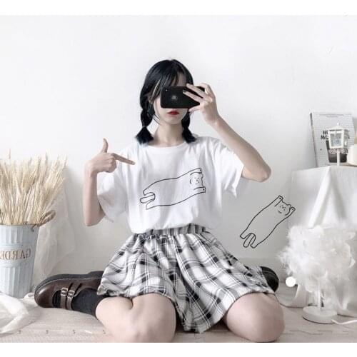 Janpanese New Kawaii Women Sets Cute White Crop Tops Pleated Skirt Suit Harajuku T-shirt High Waist A-Line Plaid Skirts Set 2XL