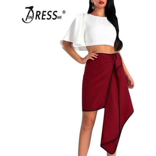 INDRESSME 2019 Women Fashion Sexy O Neck One Shoulder Short Top & Asymmetric Ruched Mini Skirt Bodycon Suits Set 2 Pieces Sets