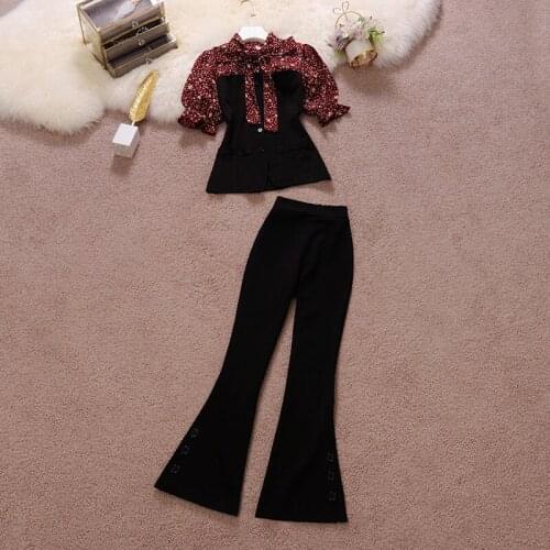 Amolapha Women Summer Plus Size 2-piece Set Ruffles Sleeve Bow Print Patchwork Tops+High Waist Flare Trouser Suit Female Outfit