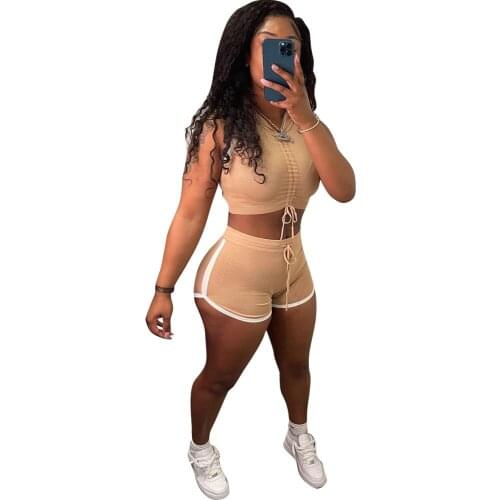 Summer Patchwork Short Tracksuit Sexy Sport Fitness Drawstring Color Block Crop Top + Biker Shorts Bodycon Two Piece Set Women