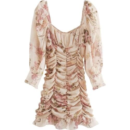 2021 summer womens new style square neck puffy long-sleeved stretch pleated design laminated decoration hem printed mini dress