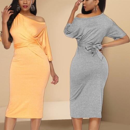 Women 2021 Autumn Vintage Solid One-shoulder Slim Elegant Dress Fashion Sexy Diagonal Collar Bow Party Dress Vestidos