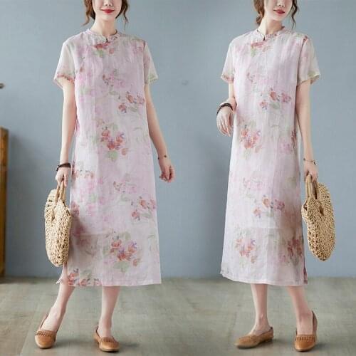2021 chinese qipao dress round necked comfortable skin-friendly dress cotton and linen printing loose short-sleeved cheongsam