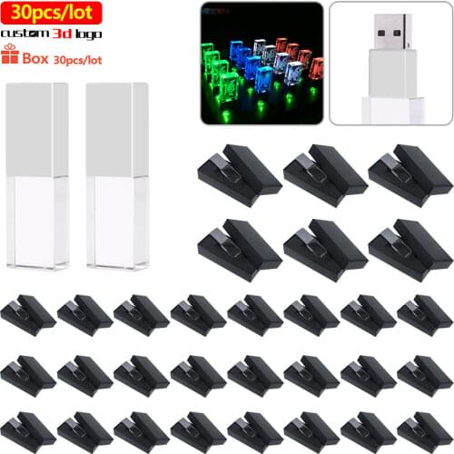 30pcs/lot usb interface Crystal LED light Flash drive pendrive 32G 16GB 64G USB Flash Drive Personalize 3d logo 128g For wedding