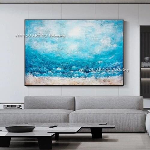 Abstract 100% Handpainted Ocean Oil Painting Blue Large Size simple Modern Wall Art Picture for Living Room Navy Decoration
