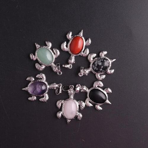 6 pcs Fashion Women Animal Tortoise Natural Stones Pendants Necklace Quartz Crystal Turquoises Amethysts Turtle Pendulum Amulet