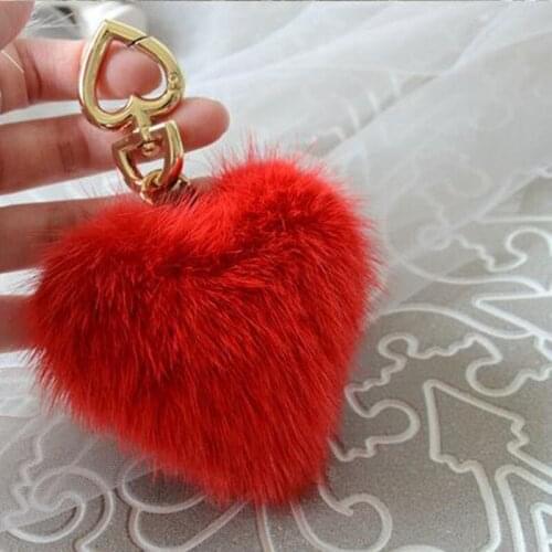 Fashion Bag Charm Heart Shape Fluffy Mink fur Key chain Keyring Women Handbag Car Purse Pendant Gift Porte Clef Ornament