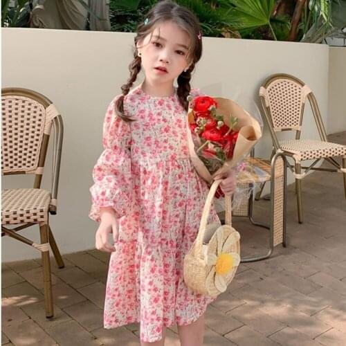 Floral Printed Dress for Kids 2021 Spring Autumn Clothing Long Sleeve Girls Layered Dress O-Neck Casual Princess Dresses