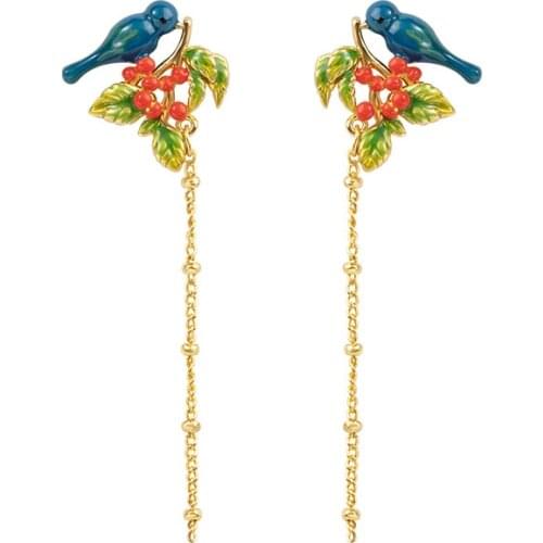 European and American Enamel Cute Blue Bird Tassel Earrings Elegant and Long Style Cute and Sweet Thin Suitable for Round Faces