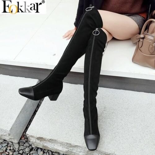 Eokkar 2020 Sretch Flock Square Toe Over The Knee High Boots High Hee Solid All Match Black Thigh High Boots For Women Size34-39