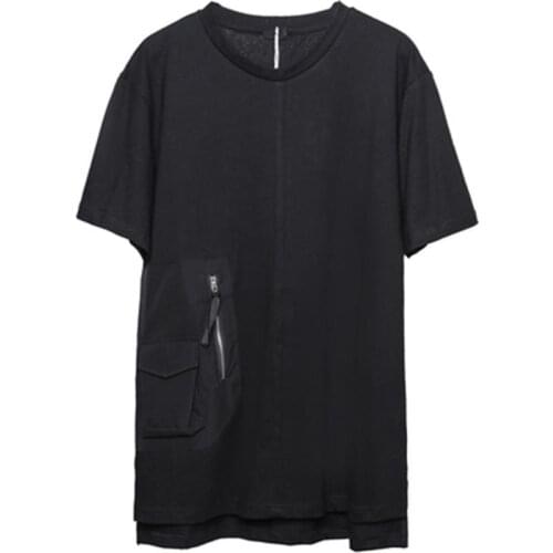 Mens Short Sleeve T-Shirt Summer Dark Round Collar Zipper Pocket Design Asymmetrical Stitching Slim Casual Short Sleeve T-Shirt