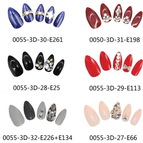 High Quality 6 Pre Designs False Fake Nails Artificial 24pcs Finger Beauty Stiletto Nail Tips With Glue DIY Unhas 3D Rhinestone