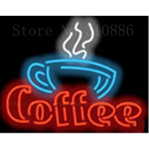 Coffee with Cup Neon sign Real Glass Tube Bulbs Light Bar Beer Club Decoration Signboard The internet Espresso drink 17"x14"
