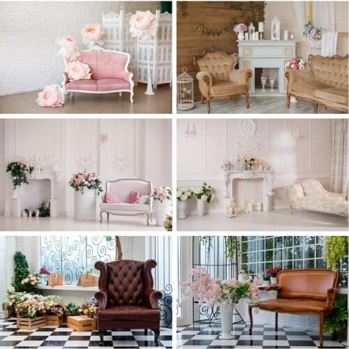 Laeacco White Chic Wall Fireplace Flowers Sofa Interior Photography Backdrops Photo Backgrounds Wedding Photophone Photo Studio