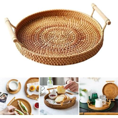 Rattan Storage Tray, Round Basket with Handle, Hand-Woven, Rattan Tray Wicker Basket Bread Fruit Food Breakfast Display L
