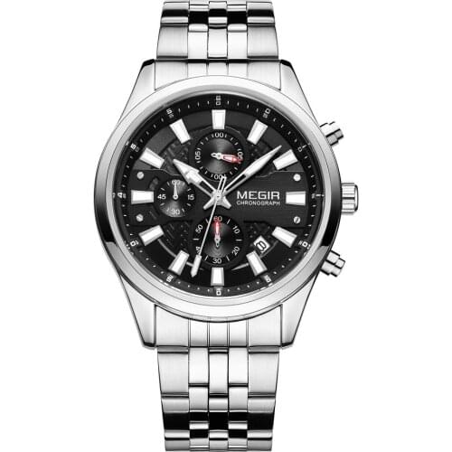 Megir Top Brand 2020 Mens Chronograph Analog Quartz Watch with Date Luminous Hands Waterproof Steel Strap Wristswatch for Man
