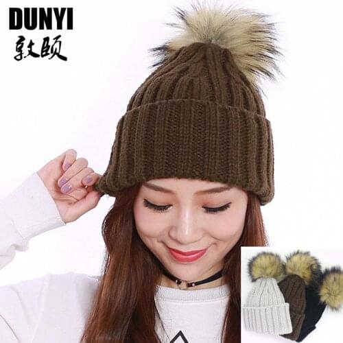 2017 New Style Brand Warm Thick Women Hat Real Fur Winter Hat Raccoon Pom Pom Hat For Women Girls Caps Knitted Beanies Cap Lady