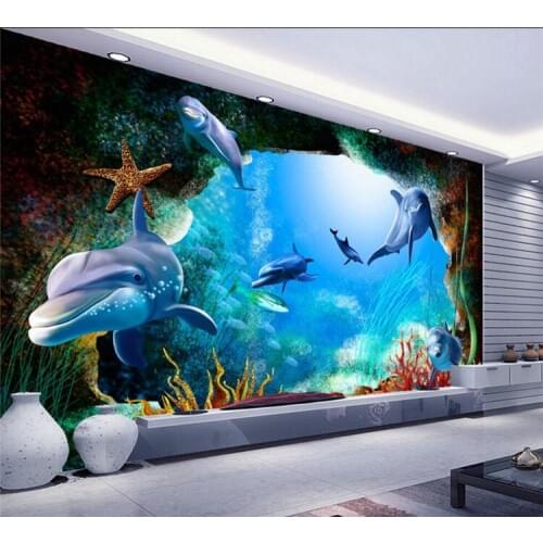 Custom 3D Photo Wallpaper Scenery For Walls Ocean Seabed Cave Cartoon Dolphin Wall Mural Kids Wall Paper Childrens Room Decor