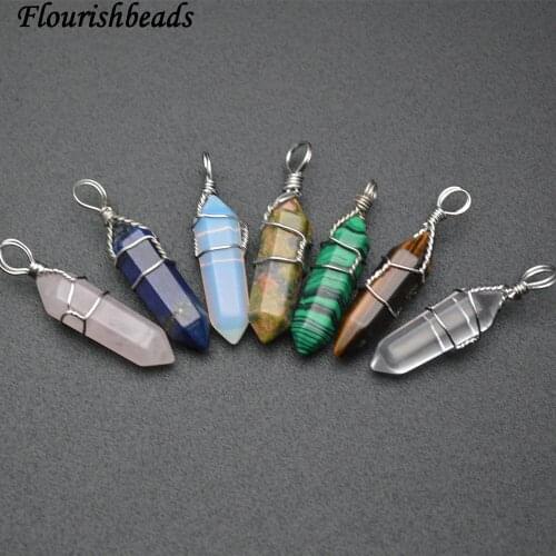 Wire Wrapped Mix Stone Crystal Healing Pillar Point Pendants ( Rose Quartz / Lapis / Amethyst / Tiger Eye / Unakite / Opal )