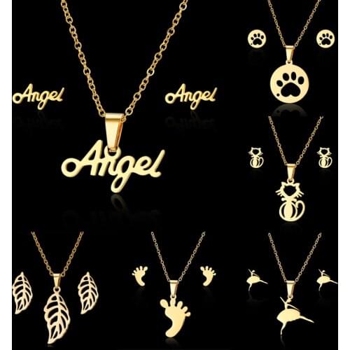 Rinhoo Stainless Steel Sets For Women Dancing Girl Angel Footprints Cross Earrings Necklace Set Girl Wedding Party Jewelry Gift