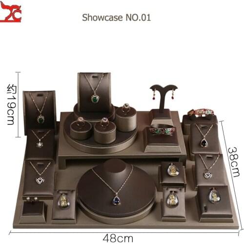 Luxury Brown PU Bangle Storage Case Holder Organizer Jewelry Store Shop Window Necklace Ring Jewelry Display Stand Set Tray