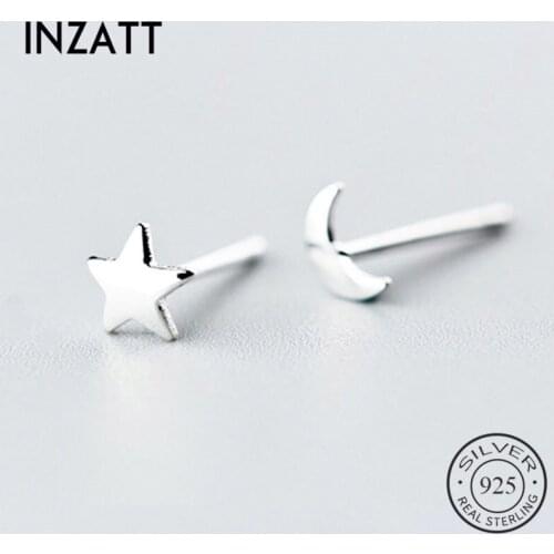 INZATT Real 925 Sterling Silver Minimalist Star Moon Stud Earrings For Women Party Asymmetry Fine Jewelry 2019 Accessories Gift