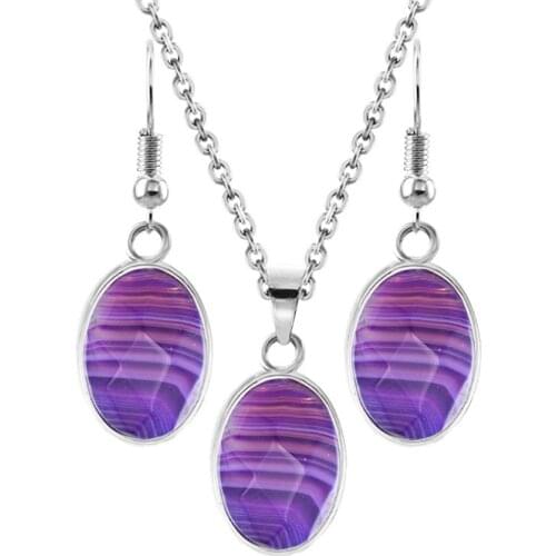 Stripe Purple Agates Silver Plated Oval Shape Necklace Dangle Earrings Trendy Jewelry Sets
