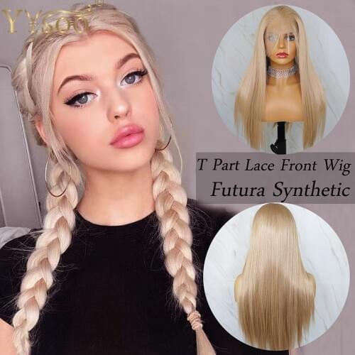 YYsoo Long 613 Color Blonde Futura Synthetic Lace Front Wigs Silky Straight Heat Resistant 13X2 T Part Front Lace Wig 6 INCH