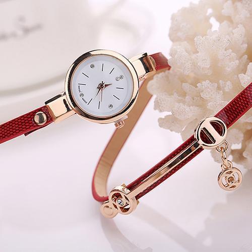 Women Long Slim Faux Leather Strap Wristwatch Rhinestone Quartz Wrist Watch New