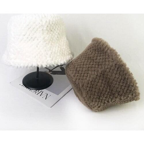 Womens Solid Color Rabbit Fur Fisherman Hat Female Basin Hat Foldable Bucket Hat Autumn Winter Plush Beggar Hat Keep Warm Versa