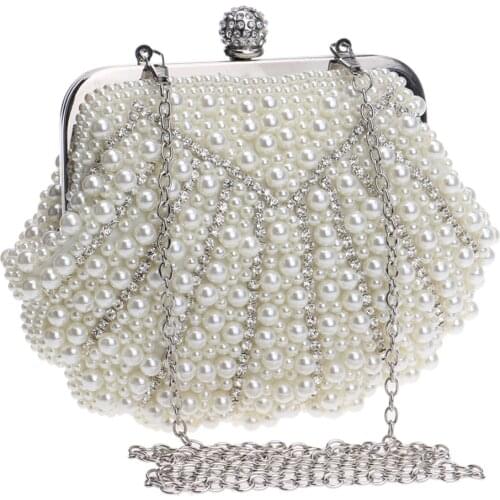 Pearls Crystals Women Shell Wedding Bridal Handbags Metal Chain Evening Bridal Formal Party Clutches Wristlets Bag