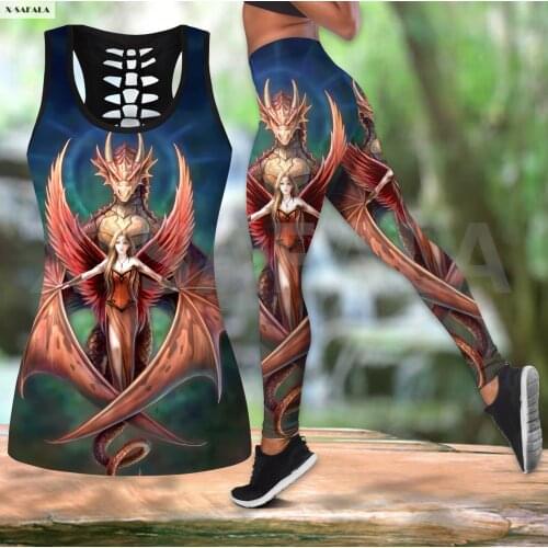 Gothic Dragon Two Piece Yoga Set Women 3D Print Vest Hollow Out Tank Top High Waist Legging Summer Casual Sport