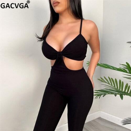 GACVGA Summer One Piece Outfit Jumpsuits Women Romper Backless Ribbed Sleeveless Black Sexy Bodycon Jumpsuit Female Streetwear