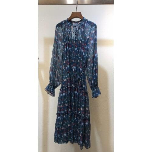 New women fashion 2021 long-sleeved round neck lace retro floral silk dress 0330