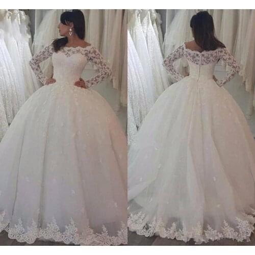 Beautiful Scoop Neckline Full Lace Appliques Ballgown Wedding Dresses Floor Length Long Sleeves Bridal Dresses vestidos de novia