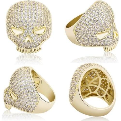 Gold Color High Quality Iced Out Micro Pave Cubic Zirconia Skull Rings Mens Jewelry Accessories