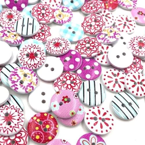 10/50/100pcs 100pcs 15mm Mixed round printing pattern wood decorative button2 holes Sewing wood button flatback WB440