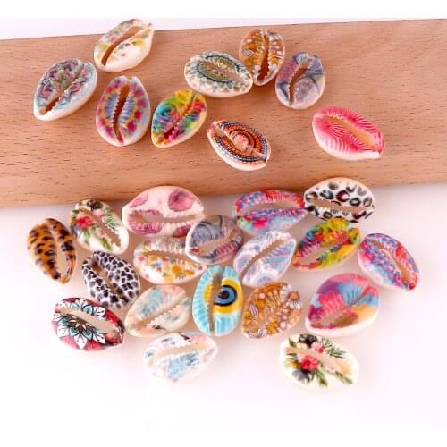10 Pcs/Lot Colorful Pattern Printed Cowrie Undrilled Sea Shell Beads Handmade Fit Women Necklaces Party Decorate Gift Jewelry
