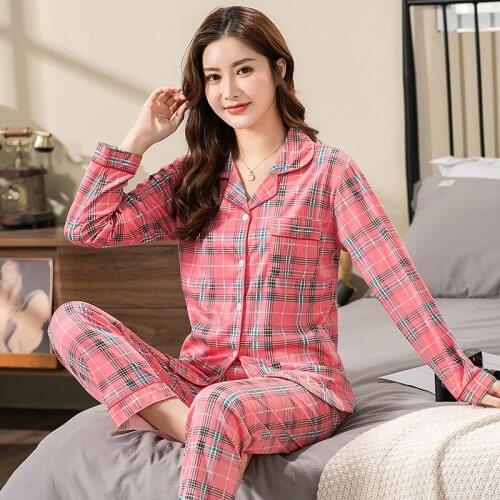 2021 Spring Autumn Long Sleeve Casual Plaid Pajama Sets for Women Sleepwear Suit Pyjama Loungewear Homewear Pijama Mujer Clothes