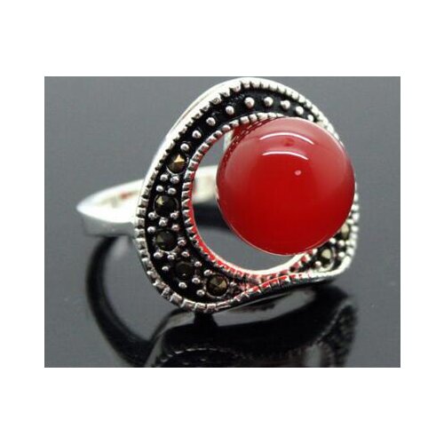 Free Shipping wholesale Pretty 6mm Red Natural jade Beads Inlay Marcasite 925 Sterling Silver Ring 7/8/9/10