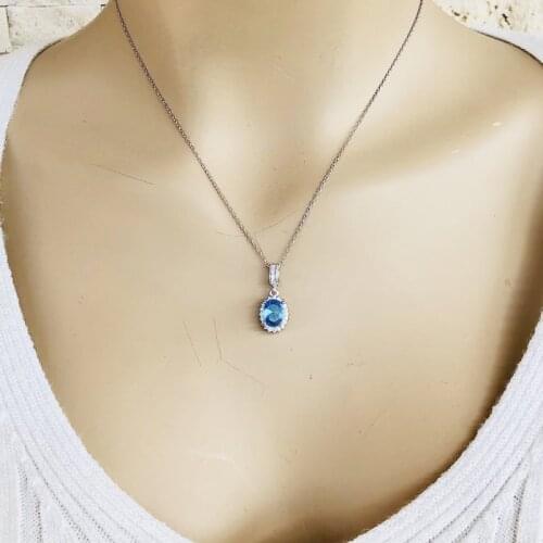 Blue Stone 925 Sterling Silver Necklace Women Girls Gift Jewelry Accessories Fashion Handmade Elegant Chain