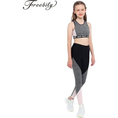 Kids Girls Workout Running Sports Suit Wide Shoulder Straps Crops Top Sport Pants Children Set Ballet Dance Gymnastics Clothing