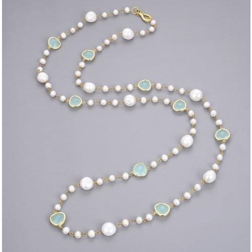 44" Natural Pearl White Baroque Keshi Pearl Blue Crystal Long Necklace