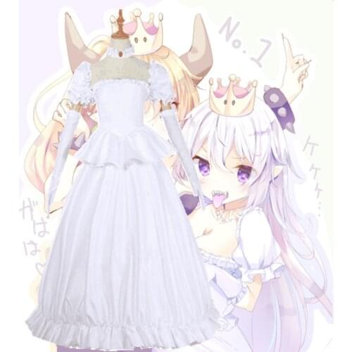 Booette King Boo Cosplay Costume Princess Koopa White Dress with Gloves Lolita Halloween Carnival Dress Long Silver Straight Wig